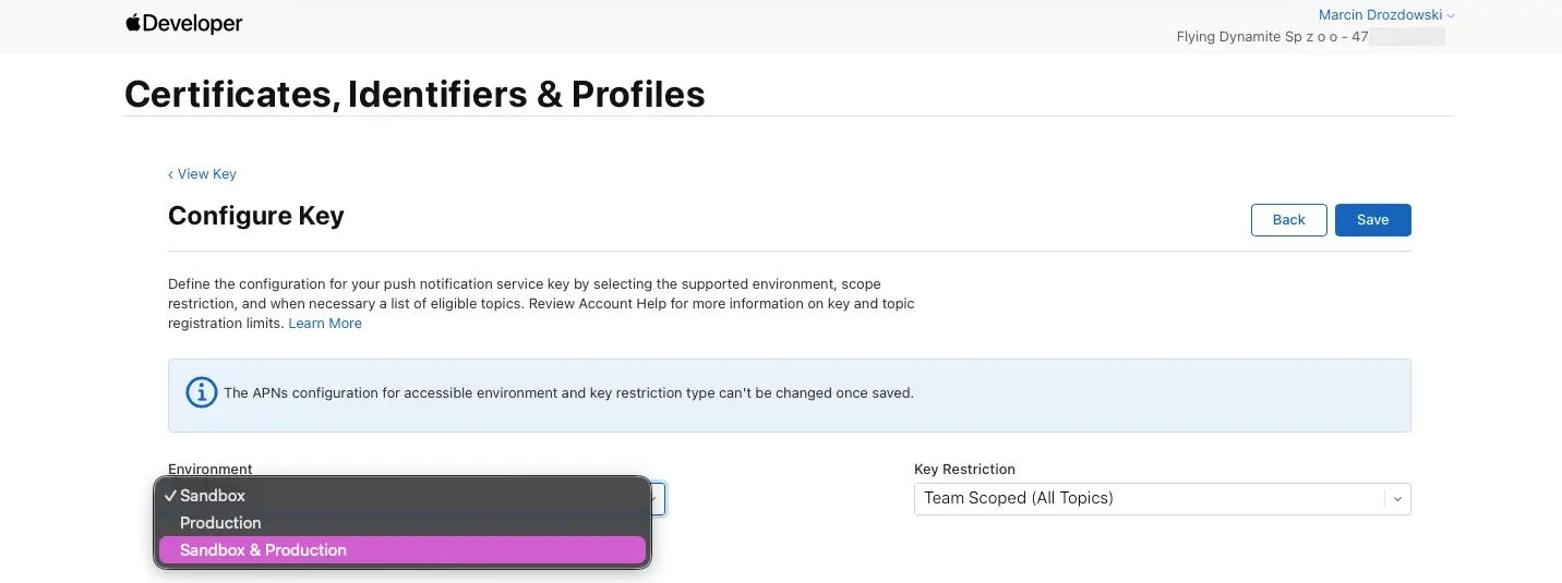 Apple Developer Account Console - project setup