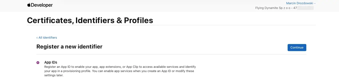 Apple Developer Account Console - project setup