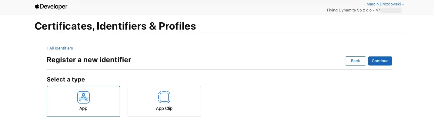 Apple Developer Account Console - project setup