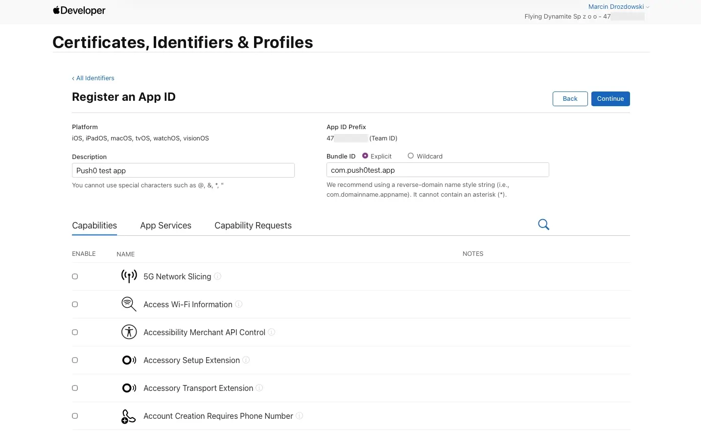Apple Developer Account Console - project setup